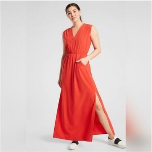 Athleta Marlow Women's Red V-Neck Sleeveless Maxi Dress Pockets Side Slits L